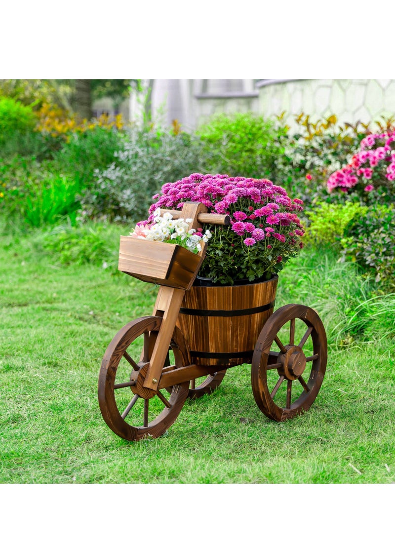 𝐅𝐅𝐃 Cycle Shaped Wooden Flowers Pot 66x32x58cm Wood Cart Garden Planter Pot With 3 Wheels Barrow Wagon Flower Barrel Outdoor Decoration for Patio Lawn Backyard Wooden Flower Vase Flowers Planter