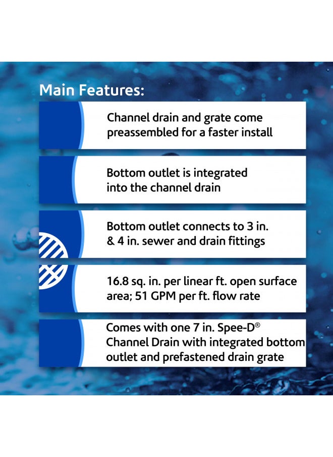 NDS 2351 Spee-D® Channel Drain Bottom Outlet Assembly, 4-3/4 inch X 7 inch, includes both Channel and Prefastened Gray Plastic Grate