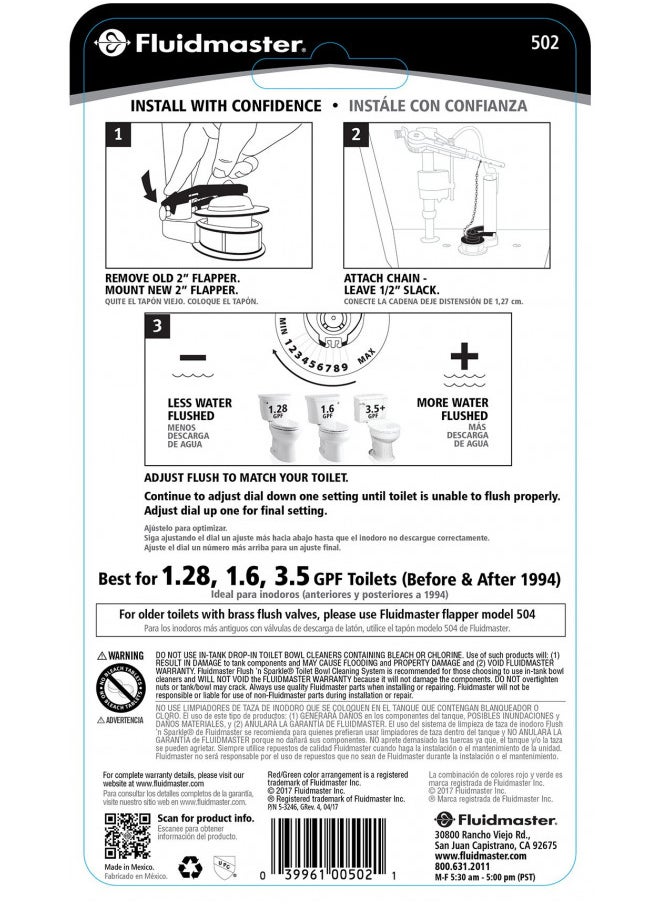 Fluidmaster 502P21 PerforMAX Universal Water-Saving Long Life Toilet Flapper for 2-Inch Flush Valves, Adjustable Solid Frame Design, Easy Install, Red, 1 pack