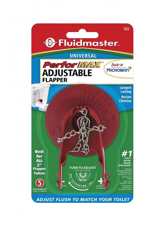 Fluidmaster 502P21 PerforMAX Universal Water-Saving Long Life Toilet Flapper for 2-Inch Flush Valves, Adjustable Solid Frame Design, Easy Install, Red, 1 pack