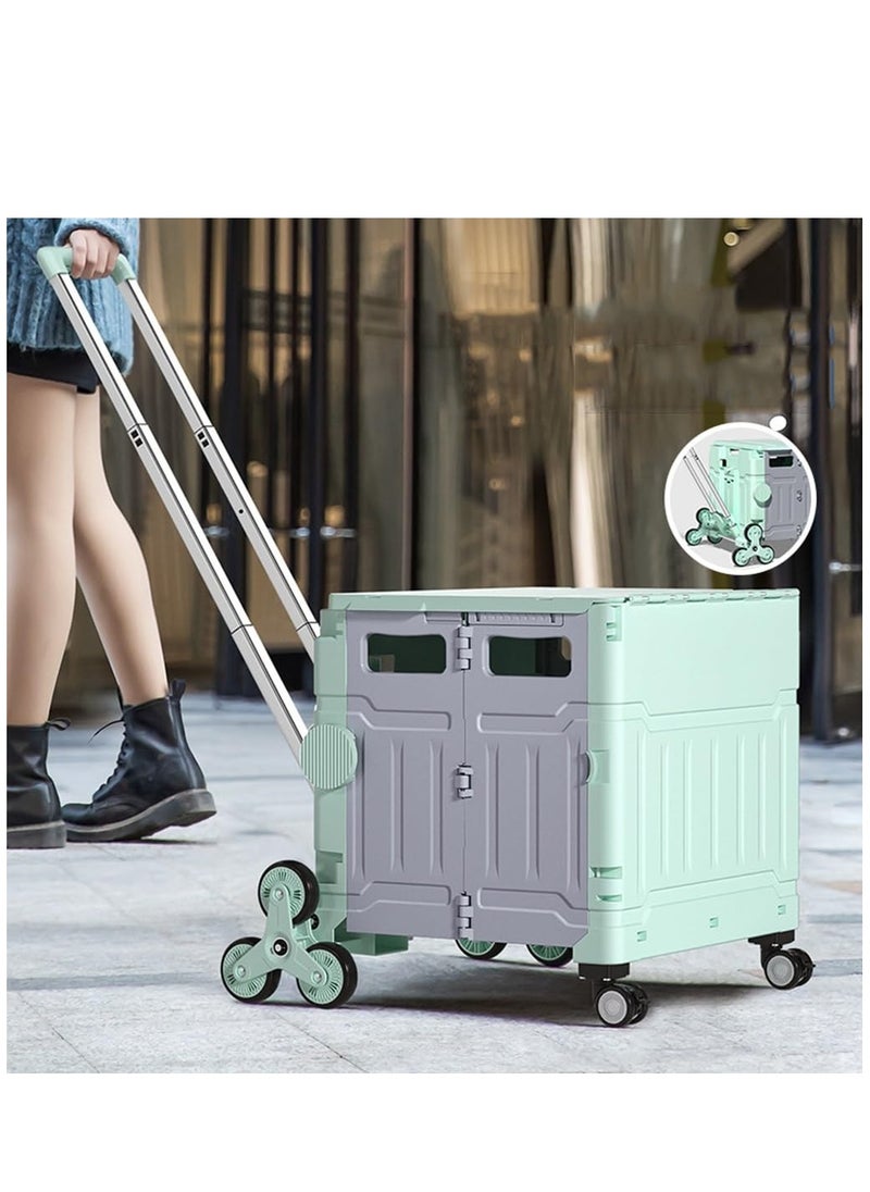 Box Storage Box Foldable Utility Cart with Stair Climbing Wheels, Rolling Shopping Trolley with Aluminum Alloy Telescopic Handle, Heavy Duty Handcart with Lid for Moving, Shopping Travel