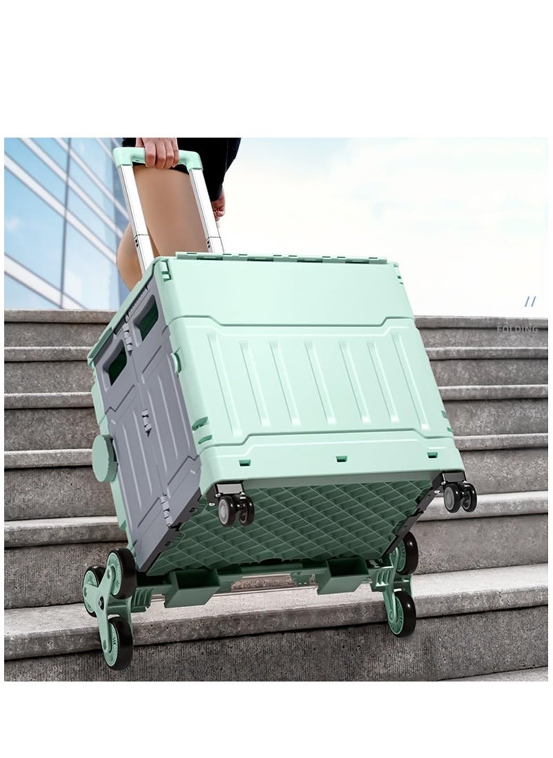 Box Storage Box Foldable Utility Cart with Stair Climbing Wheels, Rolling Shopping Trolley with Aluminum Alloy Telescopic Handle, Heavy Duty Handcart with Lid for Moving, Shopping Travel