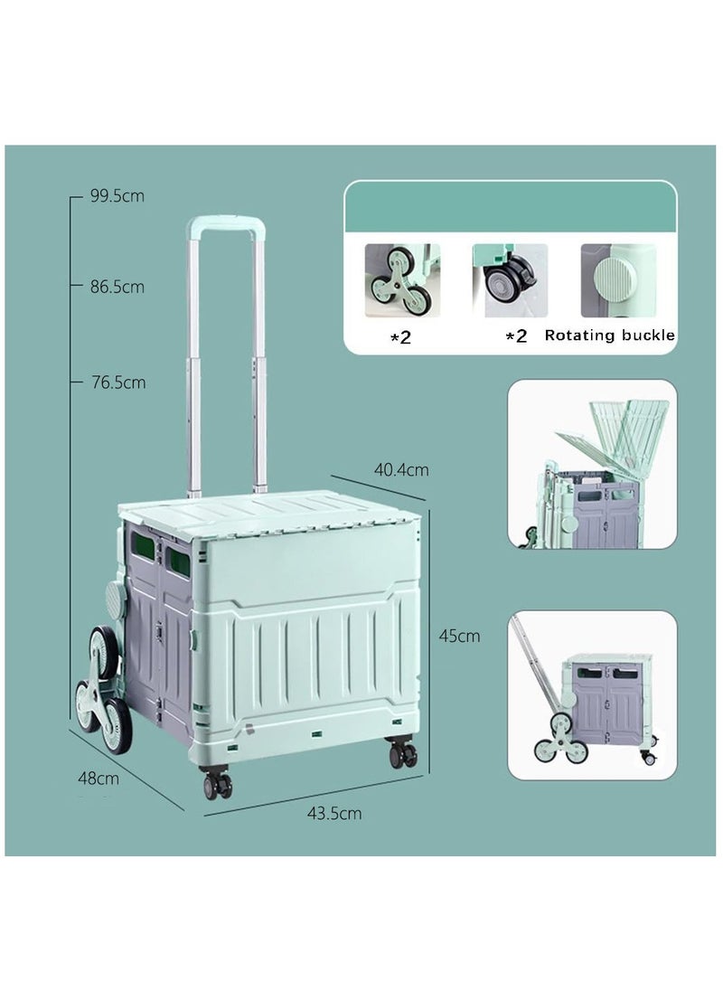 Box Storage Box Foldable Utility Cart with Stair Climbing Wheels, Rolling Shopping Trolley with Aluminum Alloy Telescopic Handle, Heavy Duty Handcart with Lid for Moving, Shopping Travel