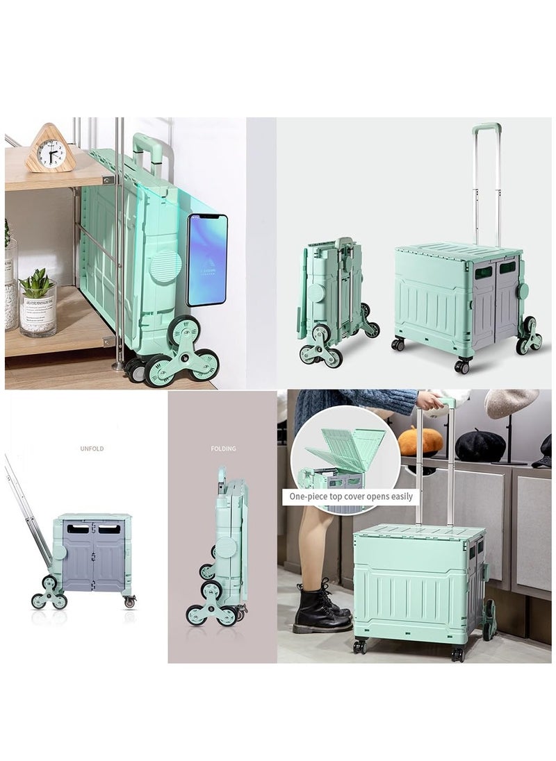 Box Storage Box Foldable Utility Cart with Stair Climbing Wheels, Rolling Shopping Trolley with Aluminum Alloy Telescopic Handle, Heavy Duty Handcart with Lid for Moving, Shopping Travel