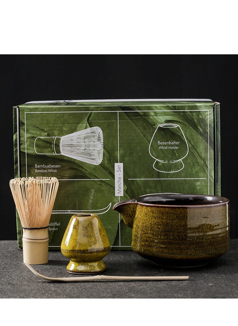 4Pcs Matcha Tea Whisk Set, Japanese Handmade Matcha Tea Kit, Traditonal Matcha Ceremony Teaware Including Ceramic Bowl with Pouring Spout, Bamboo Tea Scoop, Bamboo Whisk, Ceramic Whisk Holder