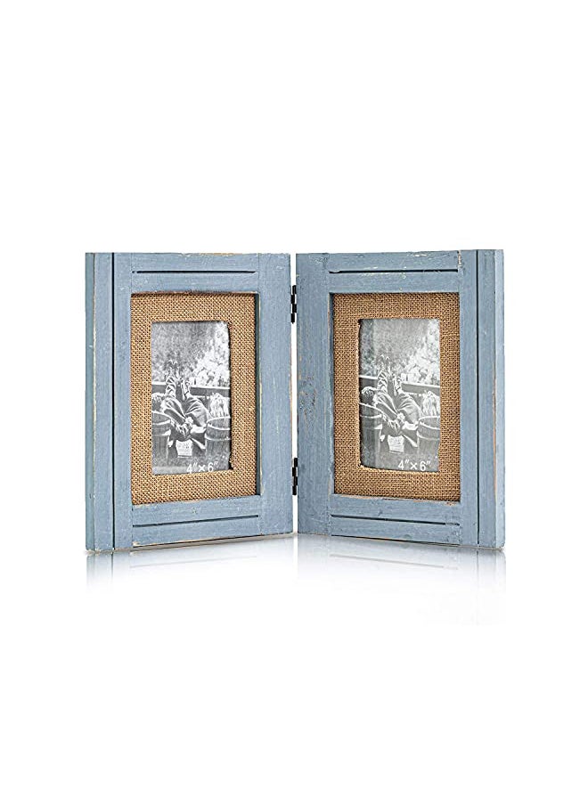 Distressed Hinged Double Picture Photo Frame 4x6 with Burlap Rim for Home Office Desk, Gift for Halloween, Thanks Giving Day, Birthday, Anniversary, Christmas, New Year, Mother's Day, Blue