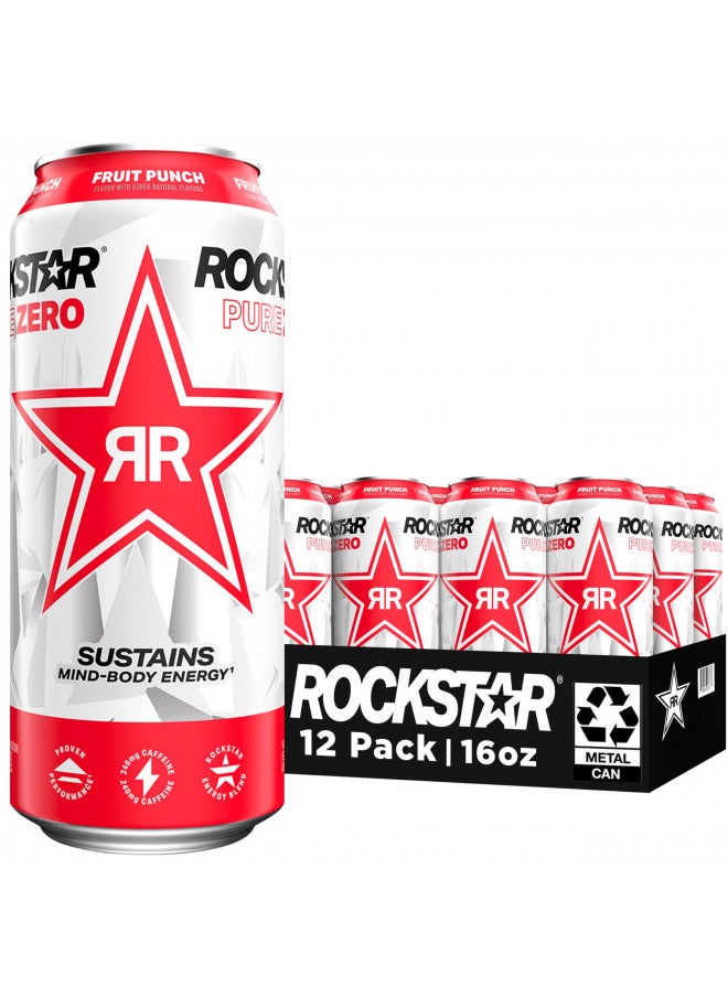 Rockstar Pure Zero Energy Drink, Fruit Punch, 0 Sugar, with Caffeine and Taurine, 16oz Cans (12 Pack) (Packaging May Vary)