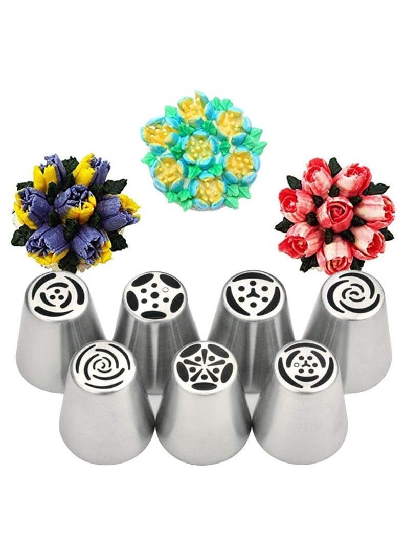 Russian Tulip Flower Cake, Cream Pastry Baking Decoration Tools 7 Pieces Set, Flower Shaped Frosting Nozzles Kit