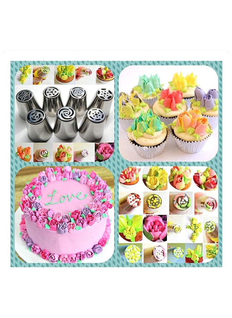 Russian Tulip Flower Cake, Cream Pastry Baking Decoration Tools 7 Pieces Set, Flower Shaped Frosting Nozzles Kit