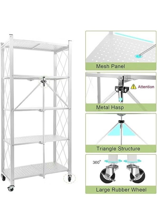 5-Layer Foldable Storage Rack Household Storage Rack, Free Installation Of Multi-Layer Kitchen Floor-To-Ceiling Living Room With Wheels Detachable Storage Rack, White