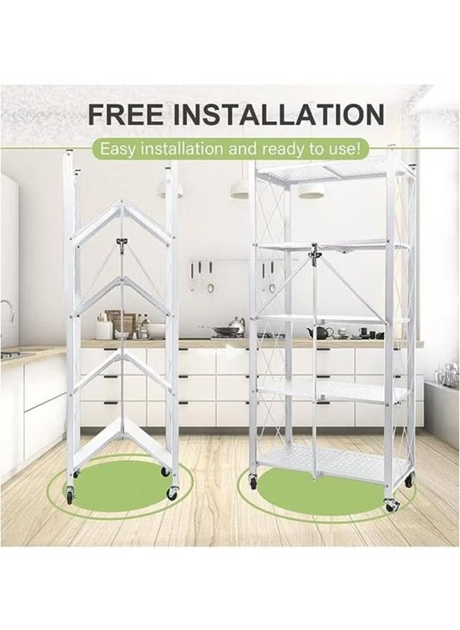 5-Layer Foldable Storage Rack Household Storage Rack, Free Installation Of Multi-Layer Kitchen Floor-To-Ceiling Living Room With Wheels Detachable Storage Rack, White