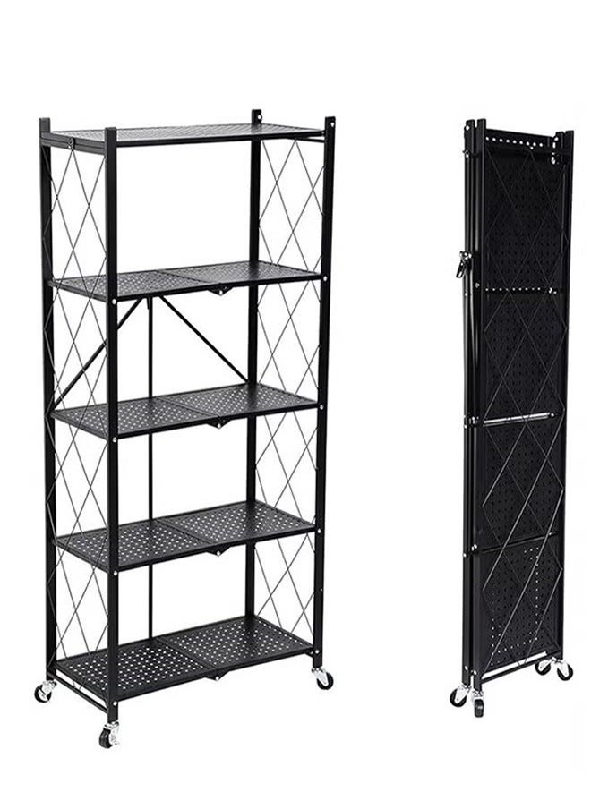 5-Layer Foldable Storage Rack Household Storage Rack, Free Installation Of Multi-Layer Kitchen Floor-To-Ceiling Living Room With Wheels Detachable Storage Rack, Black