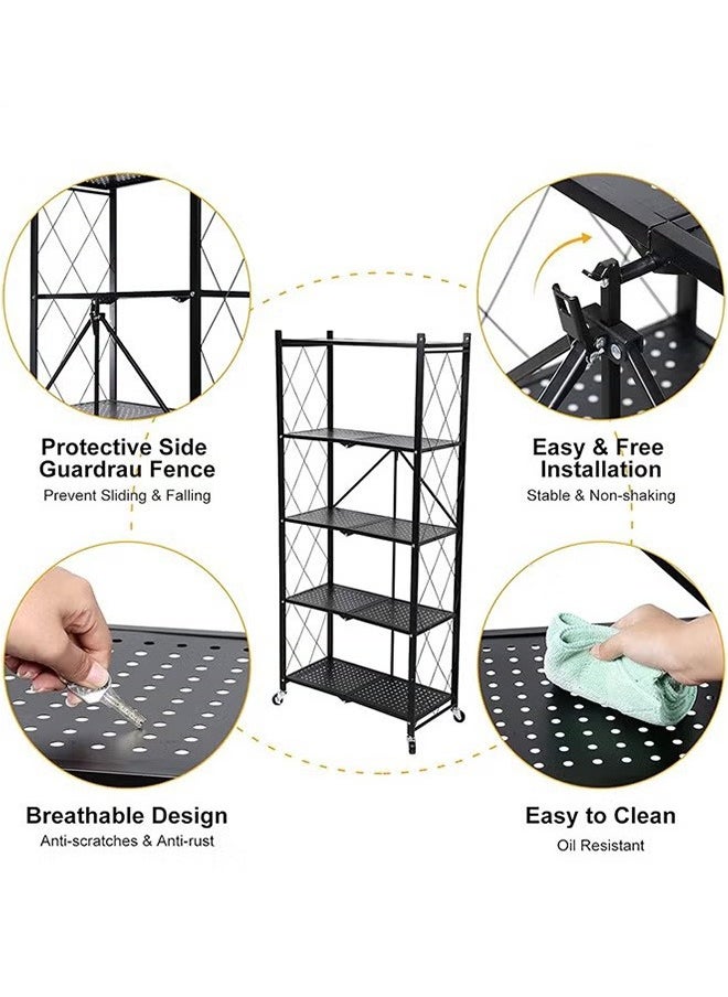 5-Layer Foldable Storage Rack Household Storage Rack, Free Installation Of Multi-Layer Kitchen Floor-To-Ceiling Living Room With Wheels Detachable Storage Rack, Black