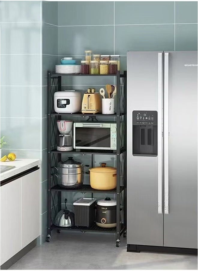 5-Layer Foldable Storage Rack Household Storage Rack, Free Installation Of Multi-Layer Kitchen Floor-To-Ceiling Living Room With Wheels Detachable Storage Rack, Black