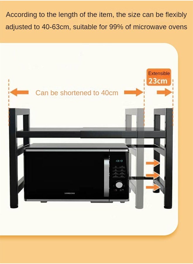 Extendable Microwave Oven Rack,Microwave/Toaster Shelf Heavy Duty Stand Kitchen Counter Top Organizer  Adjustable Height & Length,1-Tier with 6 Hooks  75KG Weight Capacity