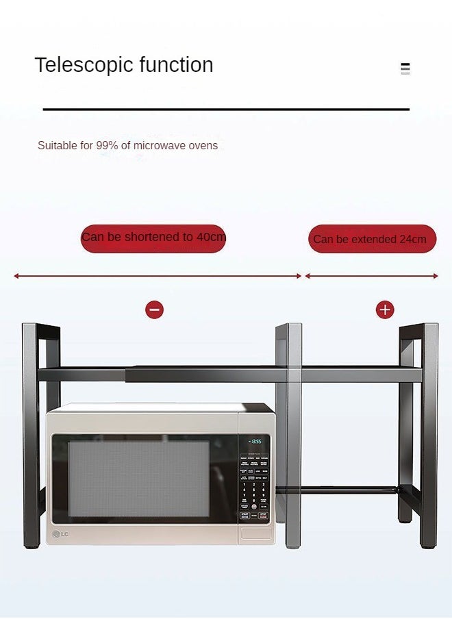 Extendable Microwave Oven Rack,Microwave/Toaster Shelf Heavy Duty Stand Kitchen Counter Top Organizer  Adjustable Height & Length,1-Tier with 6 Hooks  75KG Weight Capacity