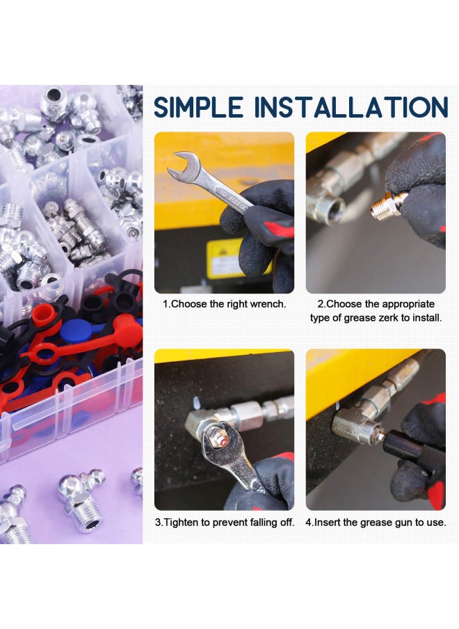 Swpeet 246Pcs SAE & Metric Grease Nipple Assortment Kit, Hydraulic Grease Fittings Standard with Plastic Grease Fitting Cap 1/4