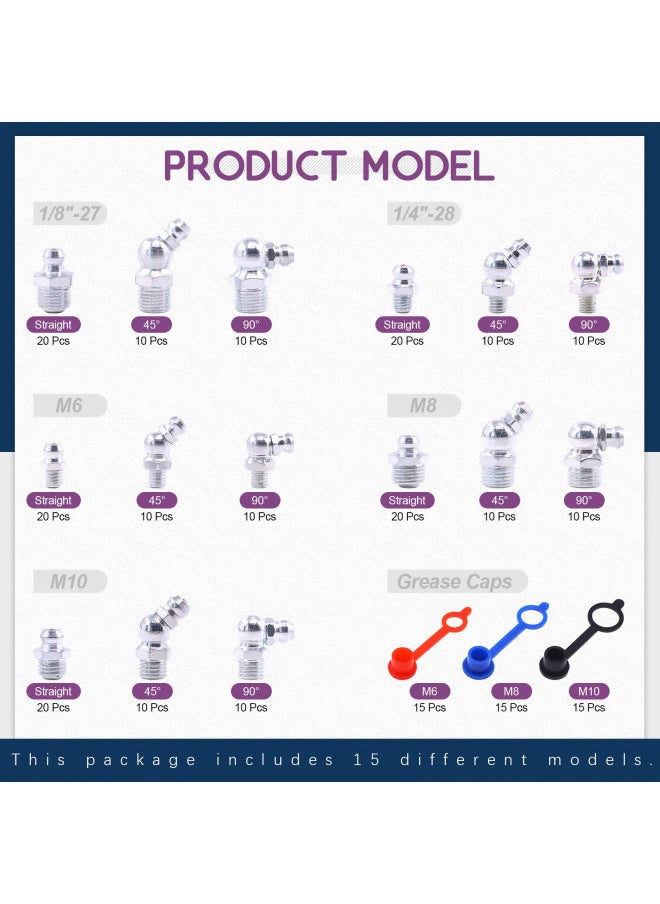 Swpeet 246Pcs SAE & Metric Grease Nipple Assortment Kit, Hydraulic Grease Fittings Standard with Plastic Grease Fitting Cap 1/4