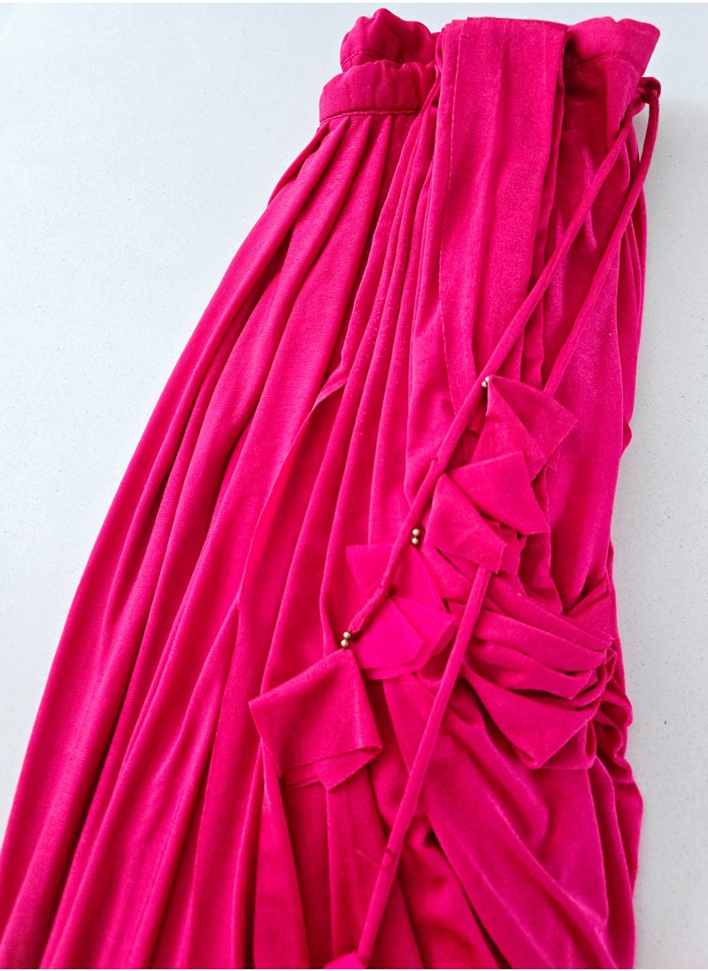 Ready To Wear Dark Pink Lycra Silk Sari With Tassels Plus Stitched Blouse Medium Size