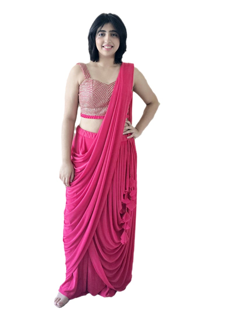 Ready To Wear Dark Pink Lycra Silk Sari With Tassels Plus Stitched Blouse Medium Size