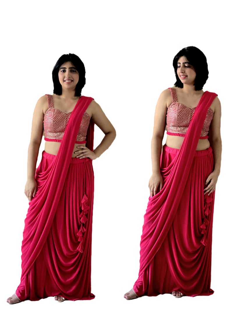 Ready To Wear Dark Pink Lycra Silk Sari With Tassels Plus Stitched Blouse Medium Size