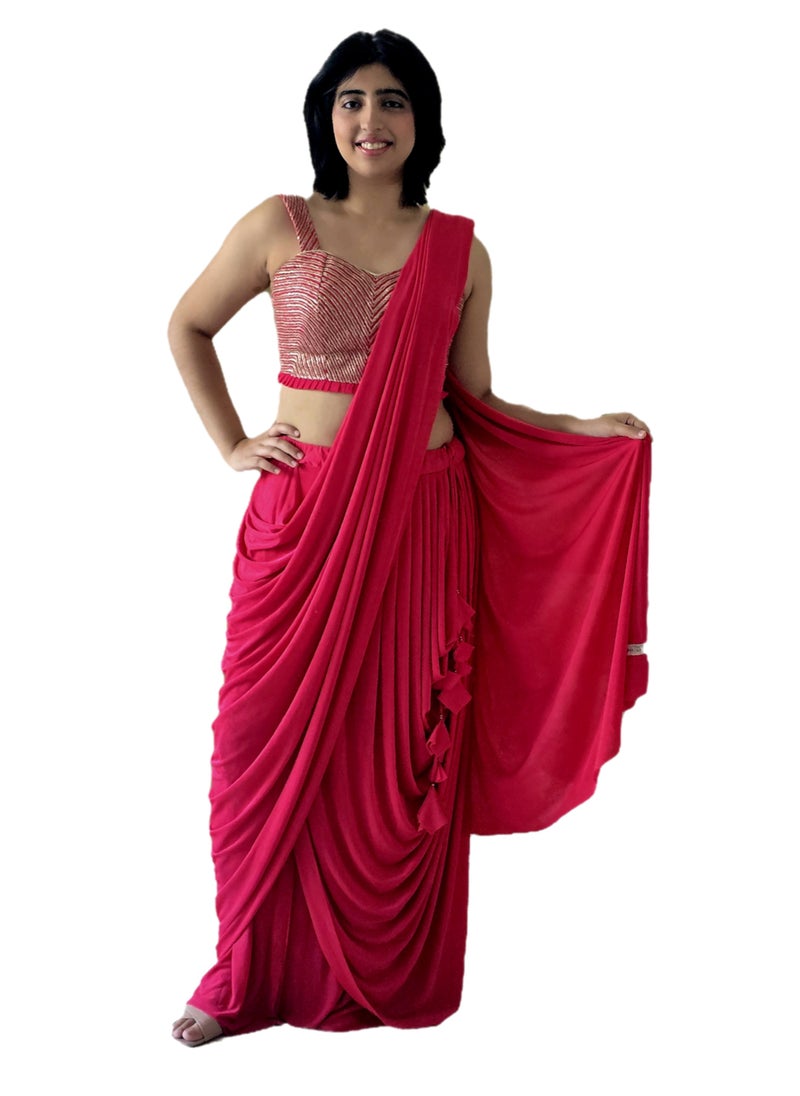 Ready To Wear Dark Pink Lycra Silk Sari With Tassels Plus Stitched Blouse Medium Size