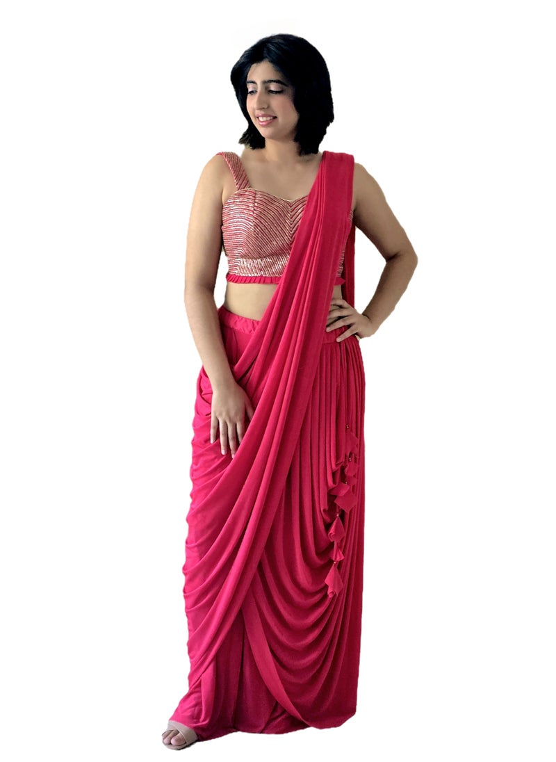 Ready To Wear Dark Pink Lycra Silk Sari With Tassels Plus Stitched Blouse Medium Size