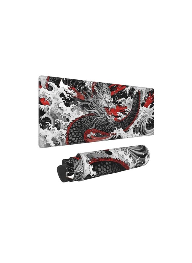 Black and Red Japanese Dragon Wave Mouse Pad Extended Large Gaming Mouse Pad XL Oversized Desk Pad, 31.5 X 11.8 Inch