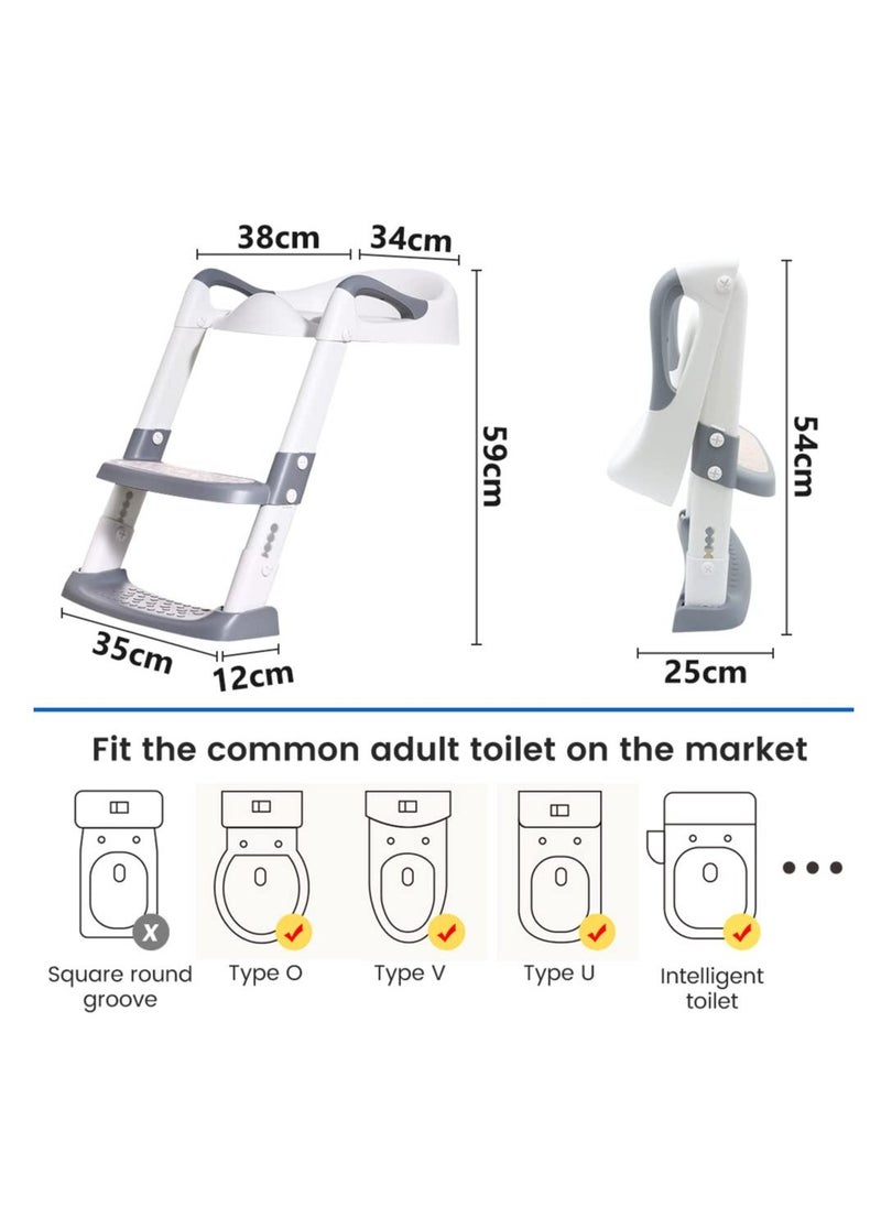 Potty Training Toilet Seat Trainer, Kids Toilet Training Seat with Step Stool, Foldable Portable Potty Chair with Adjustable Height Ladder Guard Handle, Soft Cushion for Baby Toddler, White