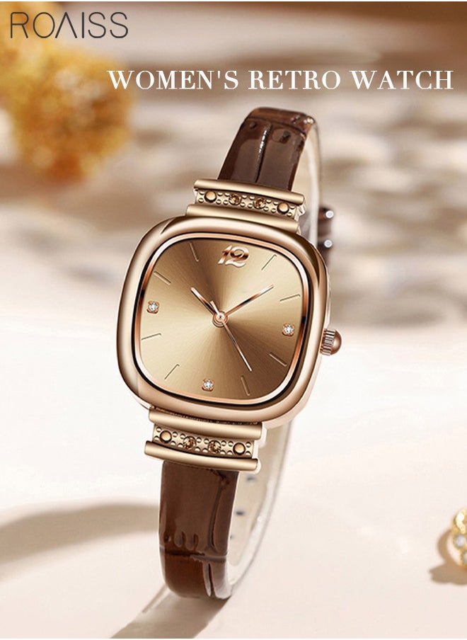 Women's Leather Strap Quartz Watch Analog Display Square Dial with Rhinestones Decoration Waterproof Elegant Watch as Gift for Ladies