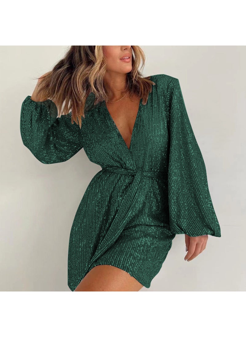 2024 Sequin Long Sleeve Party Dress Romper dark green