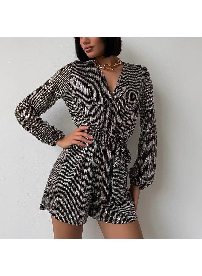 2024 Sequin Long Sleeve Party Dress Romper dark green