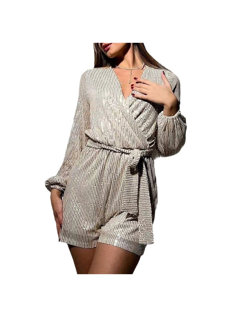 2024 Sequin Long Sleeve Party Dress Romper Silver