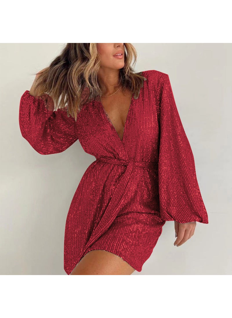 2024 Sequin Long Sleeve Party Dress Romper big red