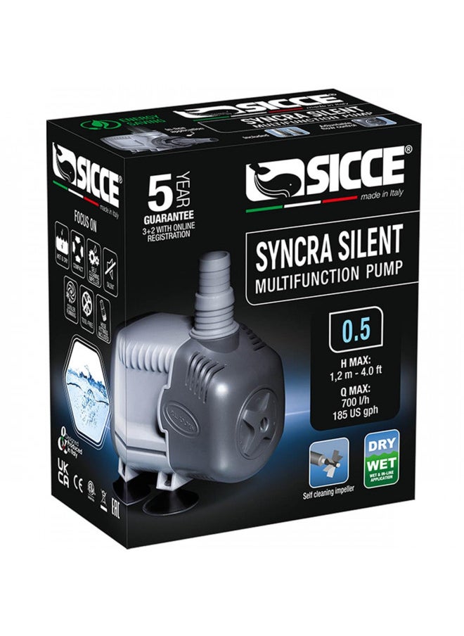 SICCE Syncra Silent 0.5 Multifunction 185 GPH Submersible Water Pump | Italian Made 8W Ultra Quiet Durable for Aquarium Fish Tank, Fountain, Pond, Hydroponics, Terrarium Black | Freshwater & Saltwater