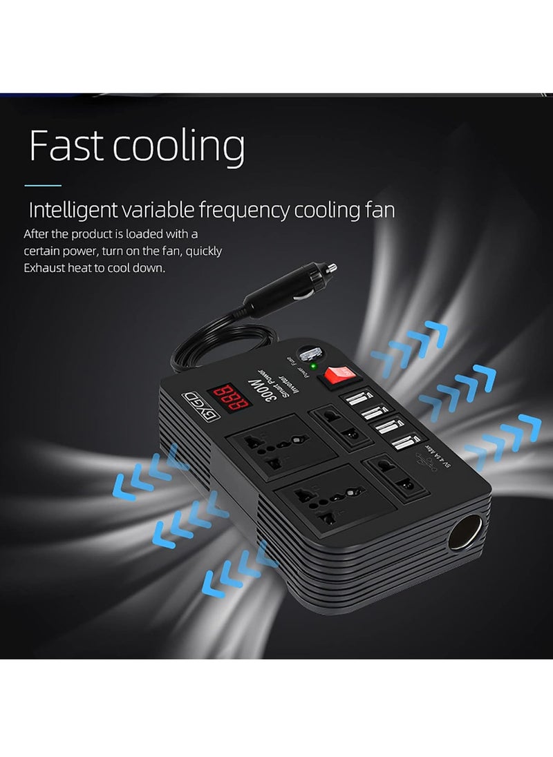 300W Car Inverter, 12V to 220V Power Converter with 4 USB Ports, Universal Socket, Notebook Charging, Car Cigarette Lighter Adapter