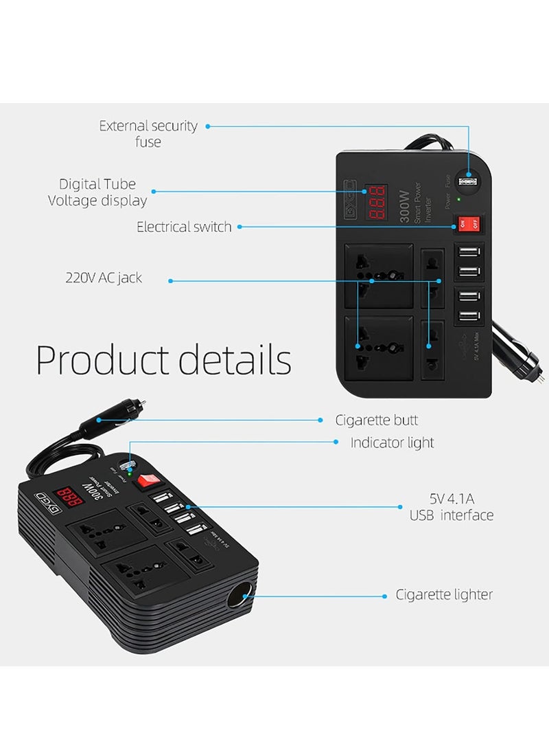 300W Car Inverter, 12V to 220V Power Converter with 4 USB Ports, Universal Socket, Notebook Charging, Car Cigarette Lighter Adapter