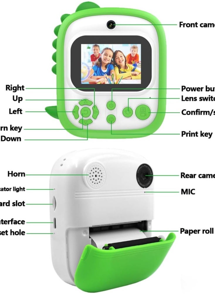 Dinosaur Kids Instant Print Camera Silicone Protective Cover 1080P Digital Selfie Camera 2.4-inch IPS Screen Instant Print Kids Camera with Photo Paper Rolls 16GB Micro SD Card (Green)