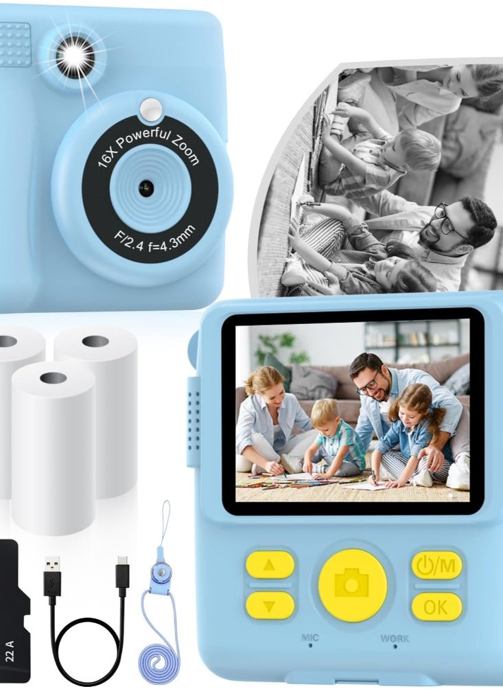 Kids Camera Instant Print for Boys, Kids Digital Camera with 3 Rolls Print Paper & 32G TF Card, Selfie Video Camera with Color Pens for DIY, Christmas Birthday Toys Gift for 3-12 Years Old Children