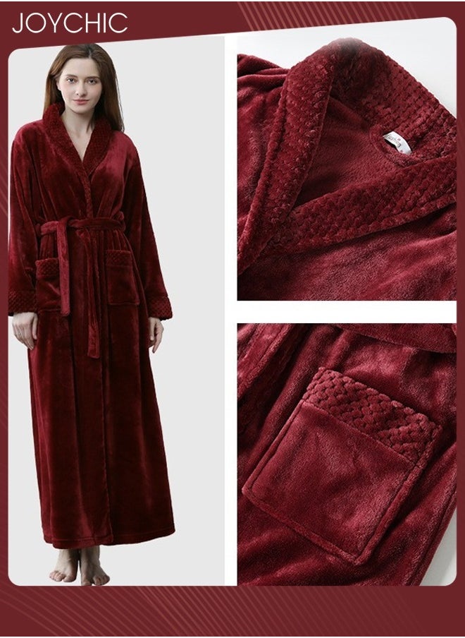 Women Pajamas Autumn and Winter Long-sleeved Nightgown Flannel Thickened Warm Windproof Sleep Robe for Bedroom Home Wine Red