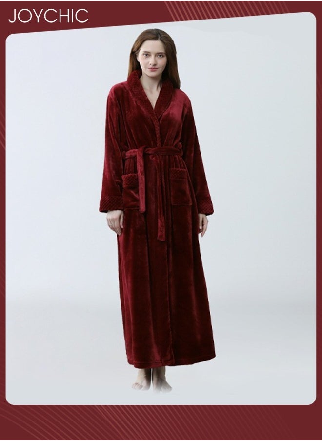 Women Pajamas Autumn and Winter Long-sleeved Nightgown Flannel Thickened Warm Windproof Sleep Robe for Bedroom Home Wine Red