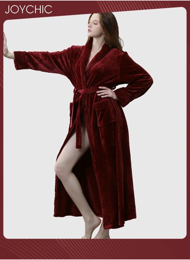 Women Pajamas Autumn and Winter Long-sleeved Nightgown Flannel Thickened Warm Windproof Sleep Robe for Bedroom Home Wine Red