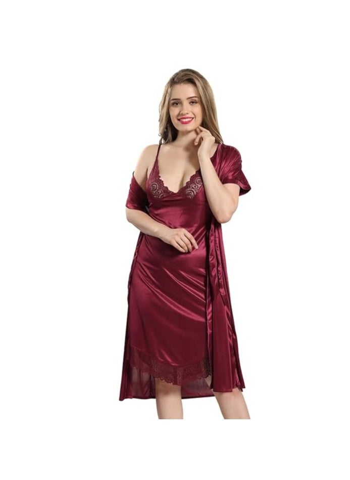 Women Satin Short Nighty with Lace & Robe