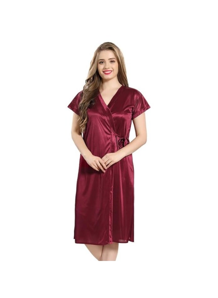 Women Satin Short Nighty with Lace & Robe