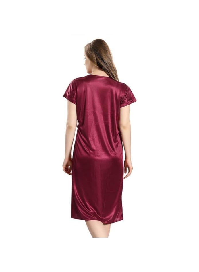 Women Satin Short Nighty with Lace & Robe