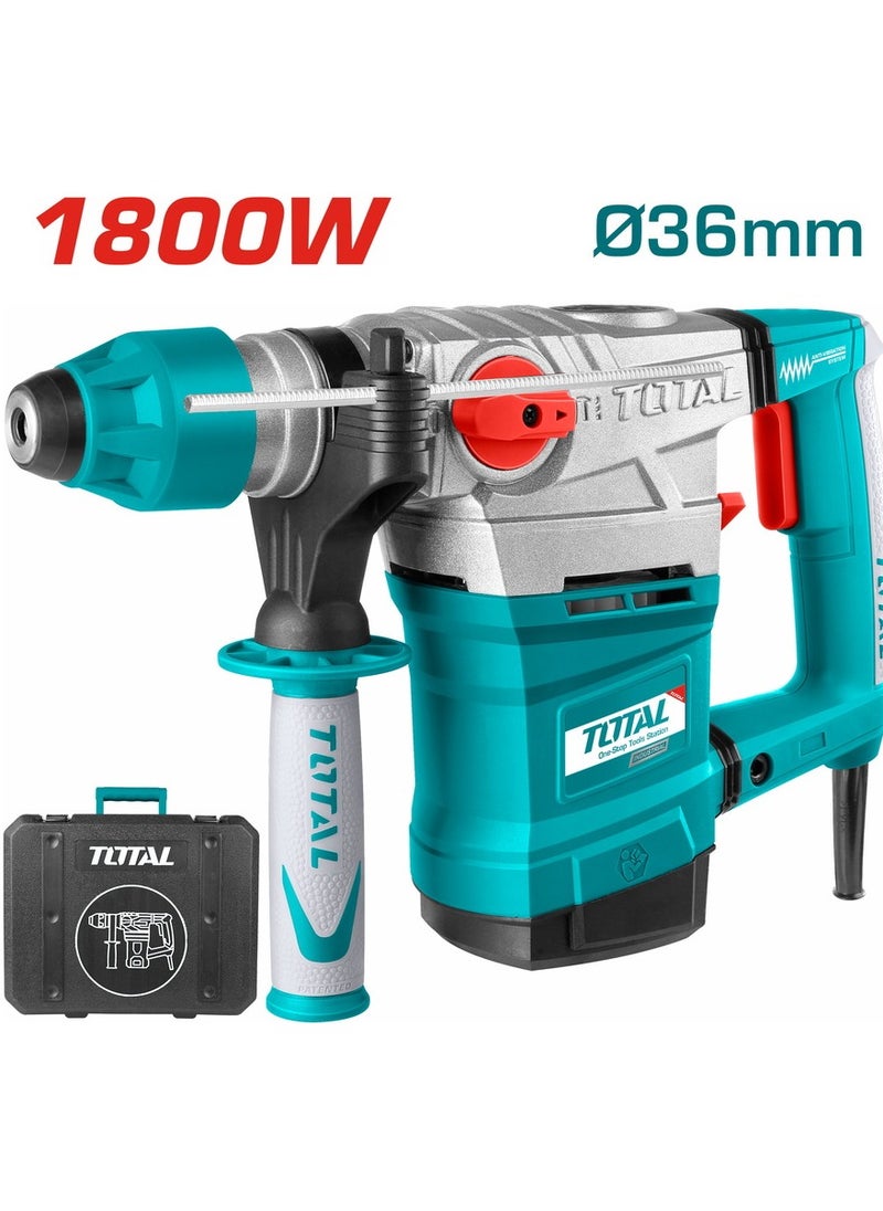 Total Eclectic Rotary Hammer TH118366 - 1800W 7.0J Impact Drill for Concrete, Steel & Wood - SDS Plus Chuck with Chisel-Locking System - Includes 3 Drills, 2 Chisels & Extra Carbon Brushes