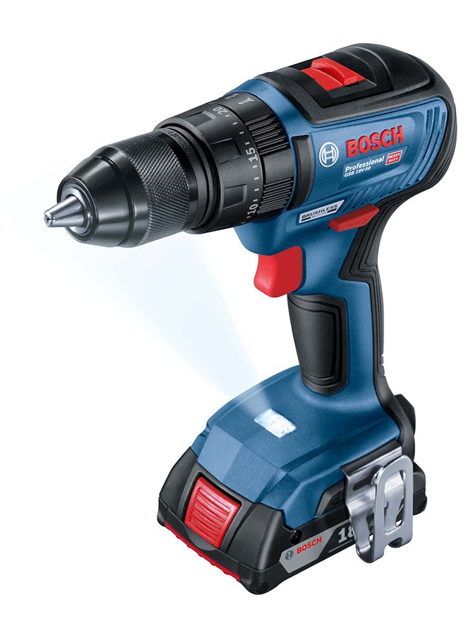 Bosch Professional Cordless Combi GSB 18V-50 Brushless with 2x2.0 Ah. Batterry, Robust brushless motor | Model: 06019H51L0 with 1 year warranty