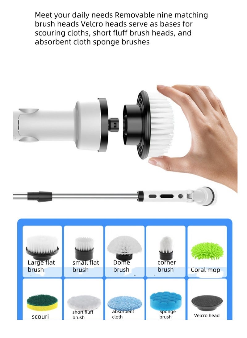 Electric Rotary Cleaning Brush, Cordless Shower Cleaning Brush. it Is Equipped With 9 Replaceable Brush Heads. The Electric Scrubber Has 2 Adjustable Speed Levels. There Is Also An Adjustable Extension Handle For The Bathroom. Lt Is Applicable To Various Scenarios Such As Bathroom And kitchen Cleaning, Corners Of The House, Sofas, Etc.