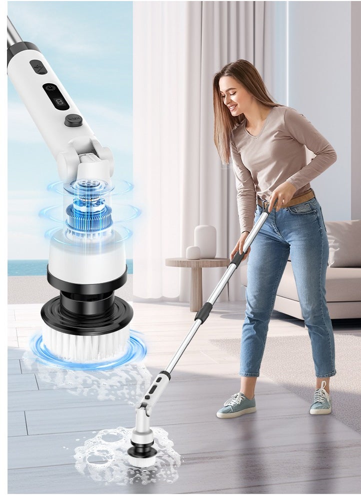 Electric Rotary Cleaning Brush, Cordless Shower Cleaning Brush. it Is Equipped With 9 Replaceable Brush Heads. The Electric Scrubber Has 2 Adjustable Speed Levels. There Is Also An Adjustable Extension Handle For The Bathroom. Lt Is Applicable To Various Scenarios Such As Bathroom And kitchen Cleaning, Corners Of The House, Sofas, Etc.