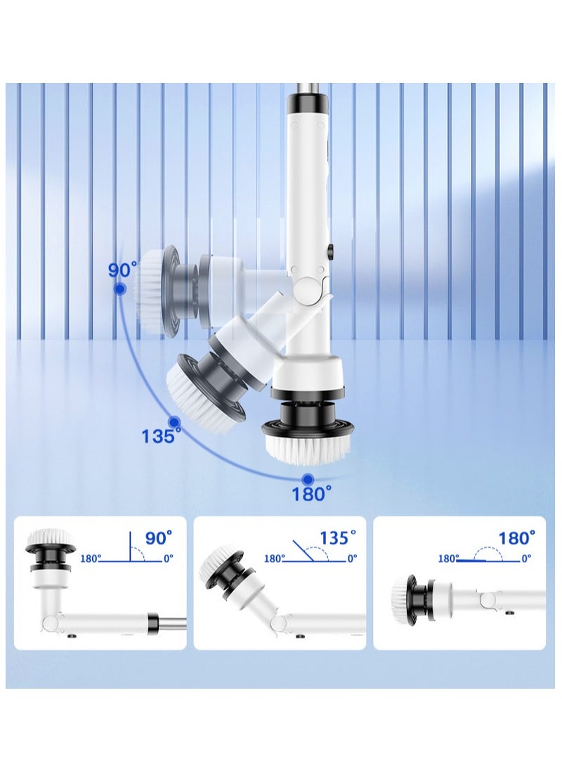 Electric Rotary Cleaning Brush, Cordless Shower Cleaning Brush. it Is Equipped With 9 Replaceable Brush Heads. The Electric Scrubber Has 2 Adjustable Speed Levels. There Is Also An Adjustable Extension Handle For The Bathroom. Lt Is Applicable To Various Scenarios Such As Bathroom And kitchen Cleaning, Corners Of The House, Sofas, Etc.